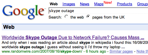 Top Hit in Google for 'Skype Outage'
